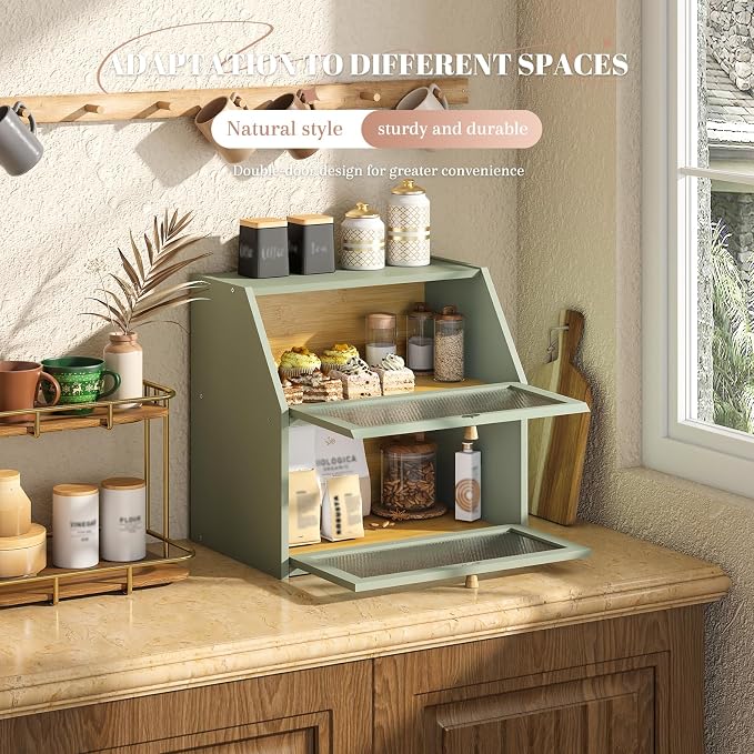 STDDRE Bread Box for Kitchen Countertop Bin Double Layer Bread Box Storage Container Extra Large Capacity Farmhouse with Diamond Pattern Windows (Green, Extra Large) - Image 5