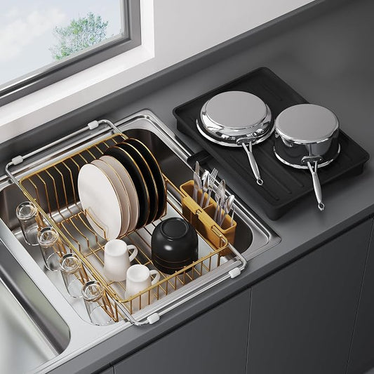 JASIWAY Gold Dish Drying Rack in Sink with Drainboard and Utensil Holder | Use Over the Sink or Counter, Stainless Steel Expandable Dish Drainer for Small Kitchen, Space Saving, Fast Drain, Rustproof by JASIWAY