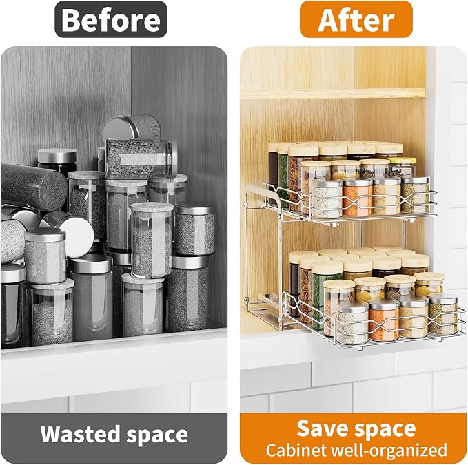 RCHYFEED Pull Out Spice Rack, 2 Tier Height Adjustable Vertical Spice Rack | Chrome,Tape or Screw Mount Available, Heavy Duty Sliding Spice Rack 9.2W x 10.4D x 9.8H, Fits Cabinets with or without Lip - Image 9
