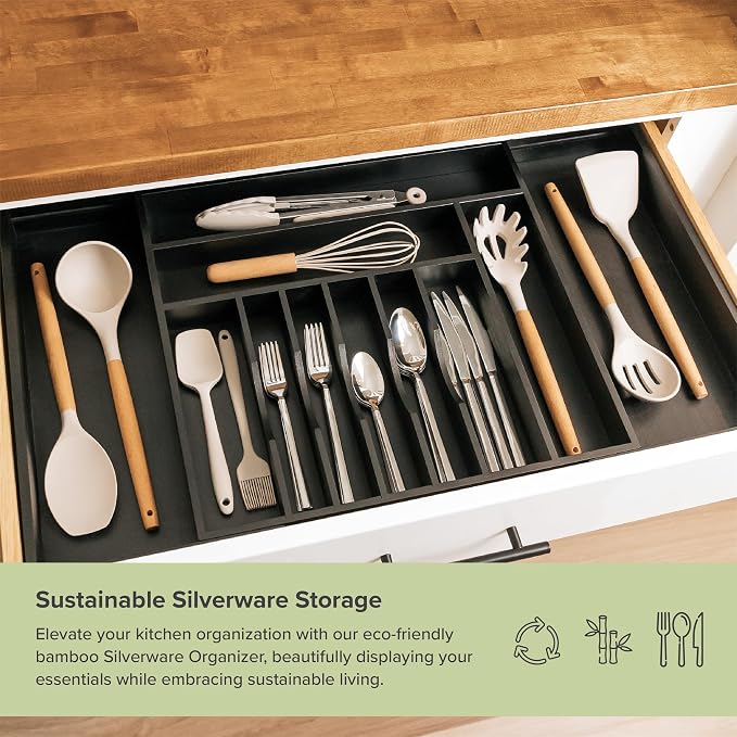 Silverware & Utensil Drawer Organizer, 18-33 in, Black Bamboo | Cutlery, flatware, food-safe contract grade, kitchen drawer fit - Image 5