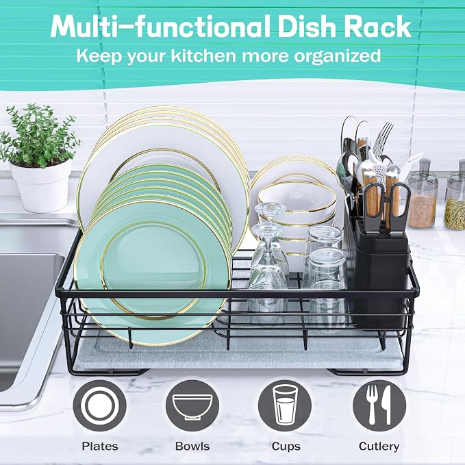 VABNEER Dish Drying Rack with Stone Drying Mat, Quick-Drying/Stainless/Super Sturdy/Space-Saving, Dish Strainers for Kitchen Counter, Escurridor de Trastes para Cocina (Black) | Quick-drying stone mat, sturdy stainless steel frame and space-saving desi... - Image 3