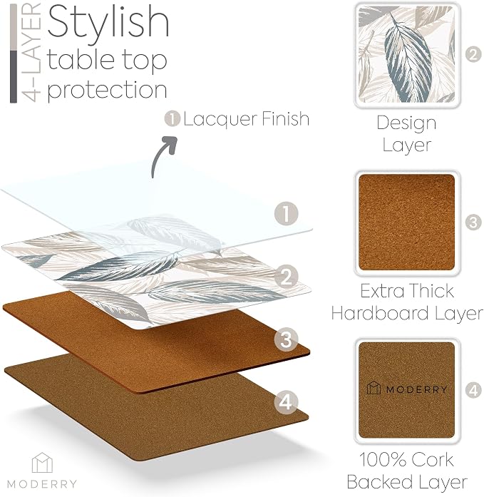 Set of 4 Heat Resistant Cork Placemats for Dining Table with Free Set of 4 Matching Drink Coasters Marble Design 16 x 12 Inches Cork Backed Hard Placemats (Farmhouse Rustic Leaves) - Image 3