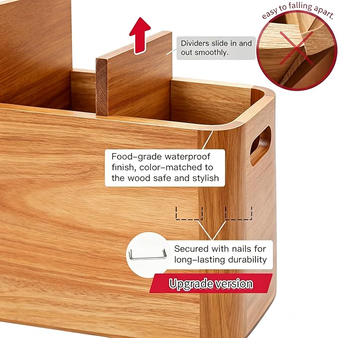 Kitchen Utensil Holder for Counter or Countertop, Extra Large Acacia Wood Organizer with 4 Compartments, Wooden Utensil Holder for Cooking and Silverware, Rustic Wood Container Sturdy Utensil Crock - Image 4