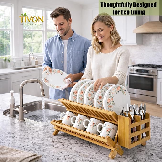 Bamboo Dish Drying Rack with Utensil Holder & Absorbent Dish Drying Mat|3Tier Collapsible Wooden Dish Rack for Kitchen Countertop|Large Foldable Dish Drainer|Kitchen Organizer for Plates Cups utensils - Image 7