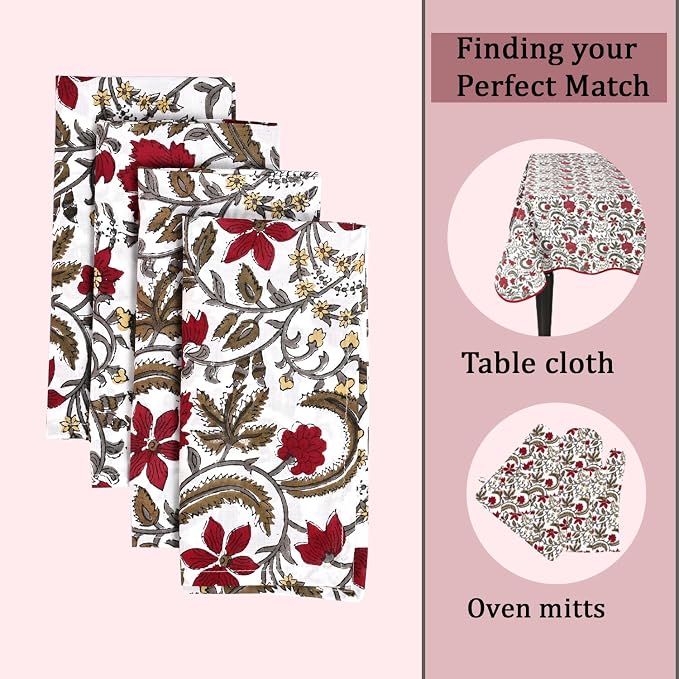Prune Red Hand Block Print 100% Cotton Napkins 18" x 18" (Set of 4) Reuseable Kitchen Napkins Cloth Decor Dinner Party Wedding Cocktail Gift for Spring, Easter, Summer - Image 4