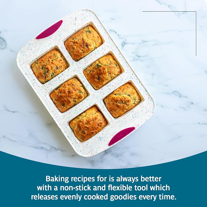 Trudeau Mini Loaf Pan – White Confetti/Fuchsia, 6-Cavity Nonstick Silicone Bakeware for Homemade Bread, Banana Bread, Pound Cake, and Mini Desserts – Flexible, BPA-Free, Dishwasher Safe - Image 4