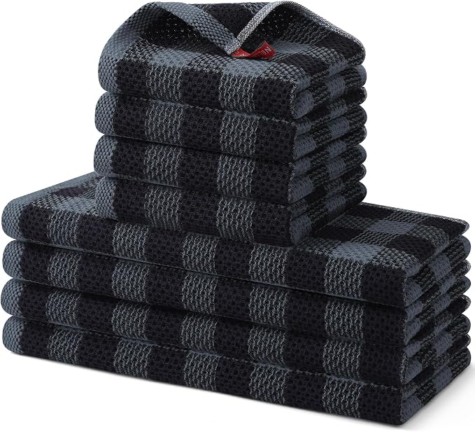 Homaxy Kitchen Towels and Dishcloths Set, 12" x 12" and 13" x 28", Set of 8 Bulk Cotton Waffle Weave Dish Towels, Super Soft Absorbent Hand Towels for Kitchen, Grey & Black by Homaxy