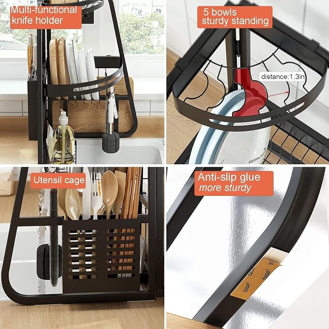 Dish Drying Rack Organization Sturdy Triangle 2 Tier Dish Drainer Multi-Functional Dish Dryer Holder with Utensil Holder Flatware Caddy - Image 7