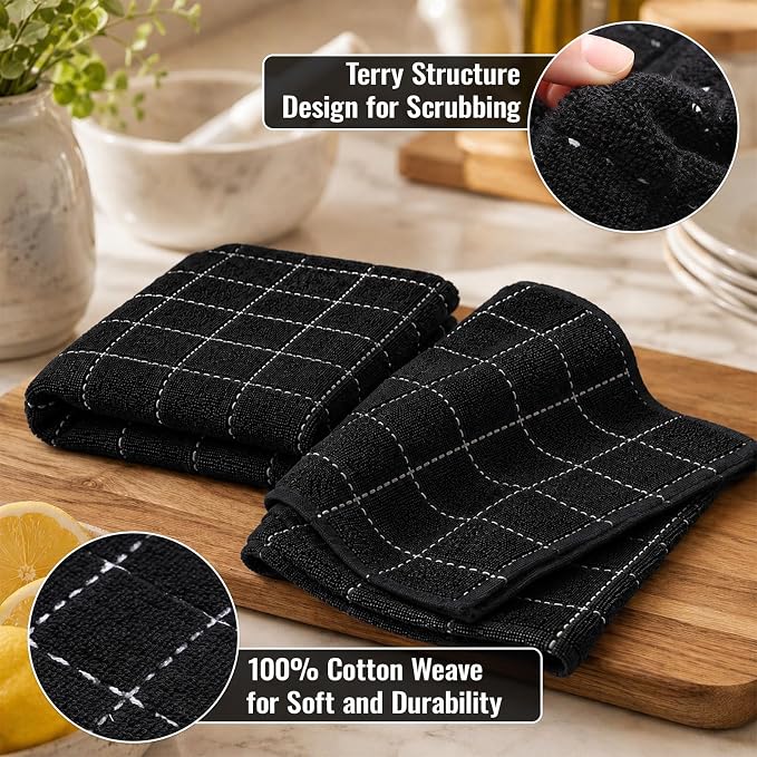 Kitinjoy 100% Cotton Terry Kitchen Towels, 13”x 28”, 6-Pack, Black | Checkered Designed, Ultra Soft Absorbent Quick Drying Dish Towels - Image 2