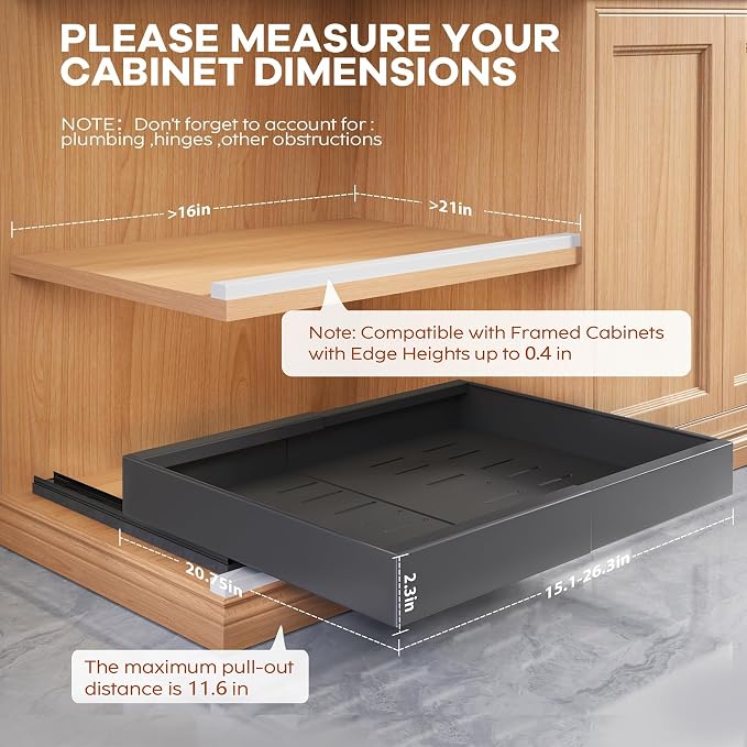 Seinloes 2 Pack Expandable (15.1"-26.3") Pull Out Cabinet Organizer 21" Deep With Raising Pad for Framed Cabinets,Upgrade 3 Slide Rails Slide Out Drawers,No Drill Roll Out Shelves Adhesive,Black - Image 3