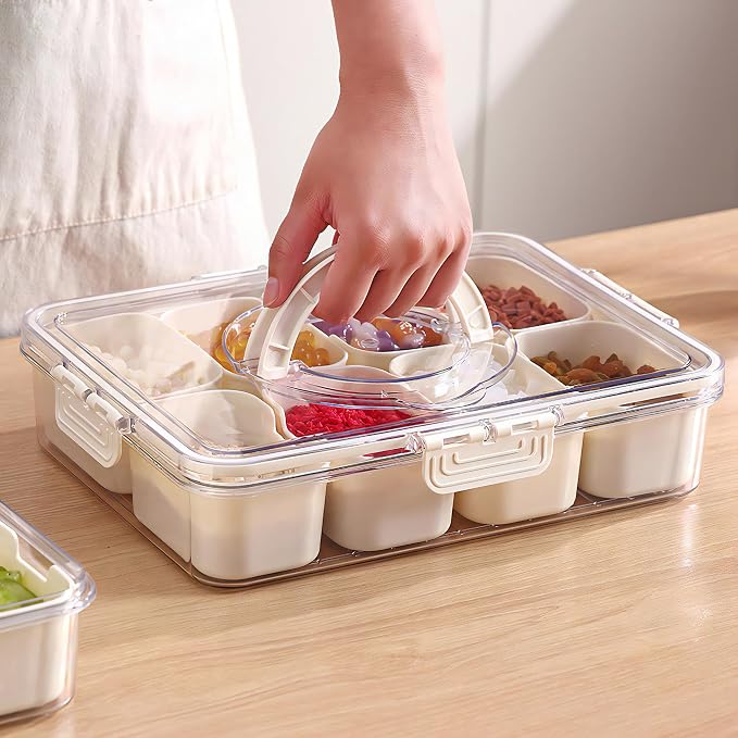Divided Snackle Box with Handle Food Serving Tray Charcuterie Board with Lid Stackable Fruit&Veggie Container with 8 Small with Removable Boxes for Travel Snack Candy Nuts Spice - Image 4