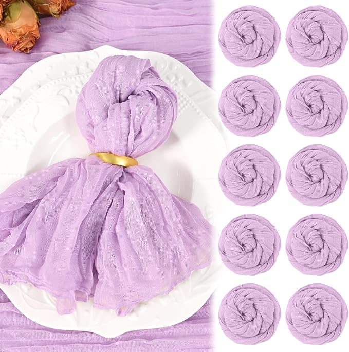 10 Pack Lilac Purple Cheesecloth Napkins 20"x20" Boho Washable Cloth Napkins Set of 10 Wrinkled Cheese Cloth Napkins Gauze Dinner Table Napkin for Wedding Party Baby Shower Birthday Decor by Showgeous