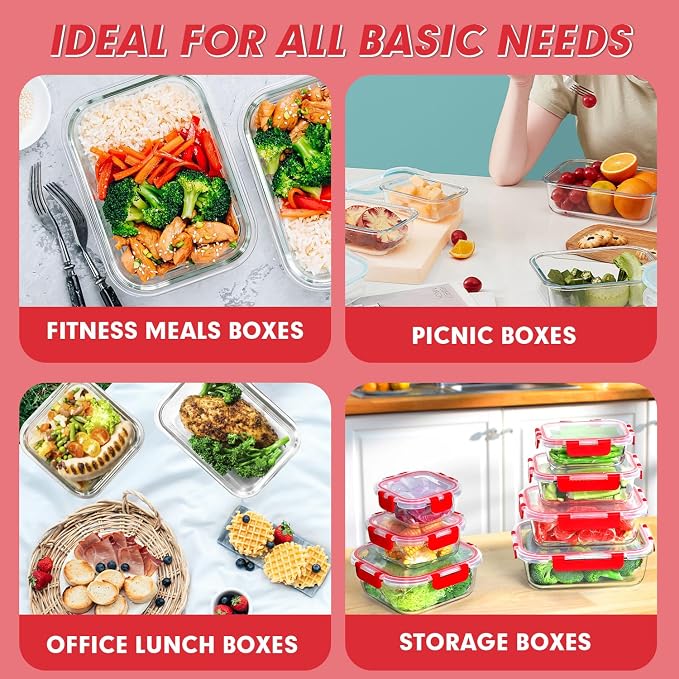 VERONES 30 Pieces Glass Food Storage Containers Set with Lids, Red | Stackable Glass Meal Prep Containers Set with Lids, Airtight Lunch Containers, for Microwave, Oven, Freezer & Dishwasher - Image 6