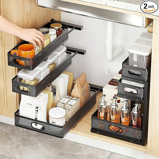 Under Sink Organizer 3-Tier Pull-Out Drawers, 2-Set (2pack black) | Adjustable Height, Wire Mesh Baskets, Cabinet Storage, 2-Set Organizer, Sliding Drawers by Unknown