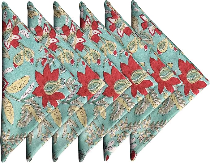 Cotton Print Dinner Napkins 18x18 inches - Washable Cloth Napkins Set of 6 - Everyday Use or Dinner Party & Events - Teal Green Indian Block Printed Soft Fabric by Craftbot by AVKAStudio