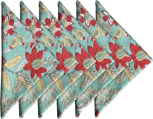 Cotton Print Dinner Napkins 18x18 inches - Washable Cloth Napkins Set of 6 - Everyday Use or Dinner Party & Events - Teal Green Indian Block Printed Soft Fabric by Craftbot by AVKAStudio