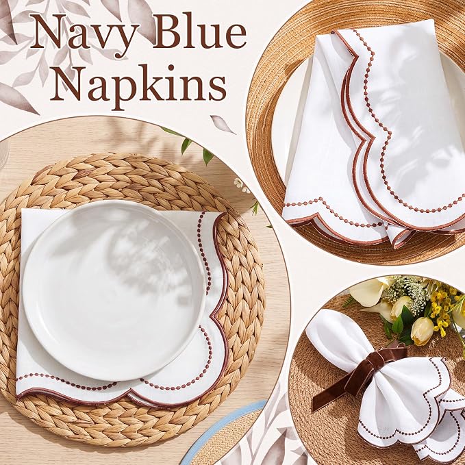Hahafelt Cloth Napkins 18x18inches Scalloped Embroidery Cloth Napkins Washable Polyester Table Dinner for Hotel Restaurant Weddings Events Parties(Rust Red,12 Set) - Image 4