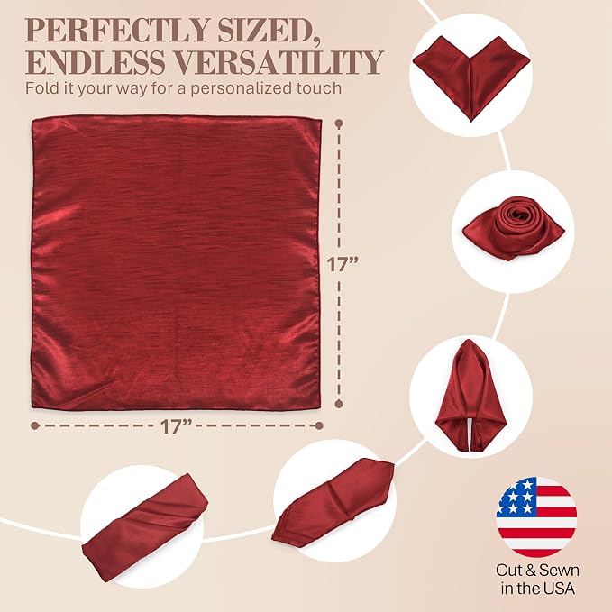 17x17-Inch Shantung Cloth Napkins, Cherry Red, Set of 12 | Bulk Case of 1 Dozen, Satin, Square, 100% Polyester Fabric, Reversible, Faux Dupioni Silk Reverse Side, Machine Washable - Image 6