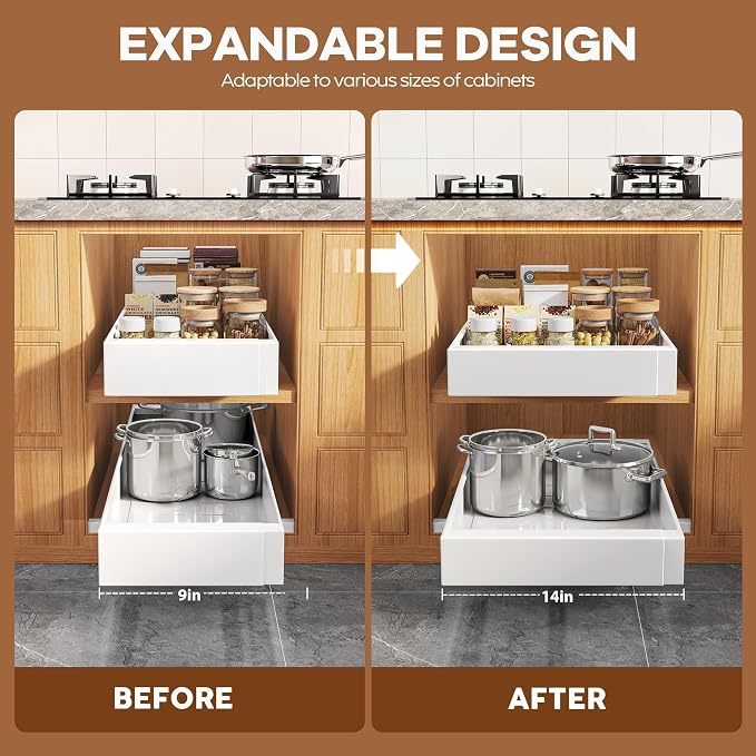Seinloes 4 Pack Expandable Width (9"-14.1") Pull Out Cabinet Organizer 21" Deep with Raising Pad for Framed Cabinets, Upgrade 3 Slide Rails Slide Out Drawers, Roll Out Shelves Adhesive, White - Image 3