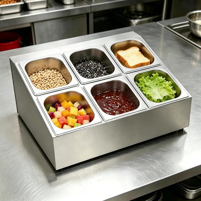 Telescoping Pizza Topping Station Condiment Container Food Prep Holder | 6 Pans & 6* Spoons Stainless Steel Container Set Ingredients Holder Spice Organizer Rack for Kitchen Pizza Oven Accessories - Image 3