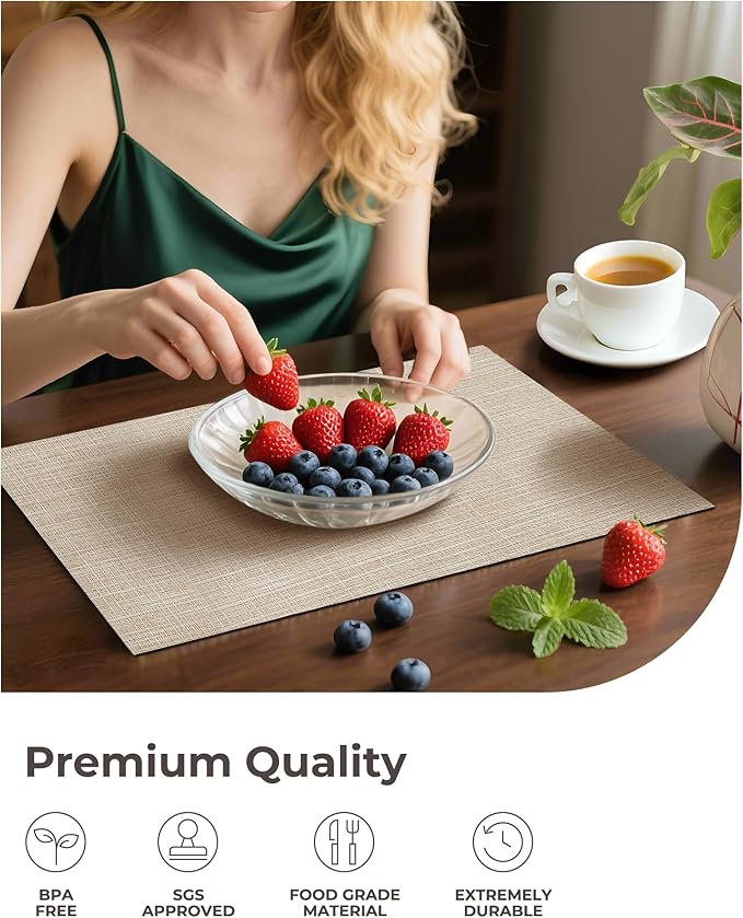 Leetaltree Beige Placemats Set of 8 - Heat Resistant Non-Slip Place mats for Dining Table, Washable Durable PVC Vinyl Woven Table Mats（Beige, 8） - Image 6