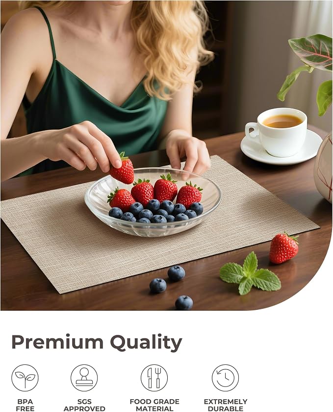 Leetaltree Beige Placemats Set of 6 - Heat-Resistant, Non-Slip Table Mats, Washable Woven Vinyl for Indoor & Outdoor Dining - Image 6