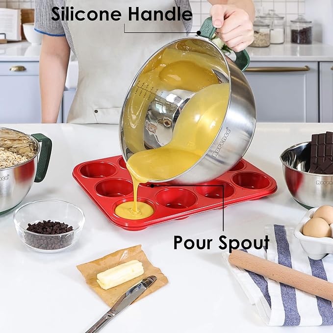 Stainless Steel Mixing Bowls Set with Lids,1.5,3 & 5 Qt,Green | Non-Slip Silicone Base,Precision Pour Spout,Ergonomic Easy-Grip Handle,Measurement Marks,Airtight Lids,Cooking & Meal Prep - Image 6