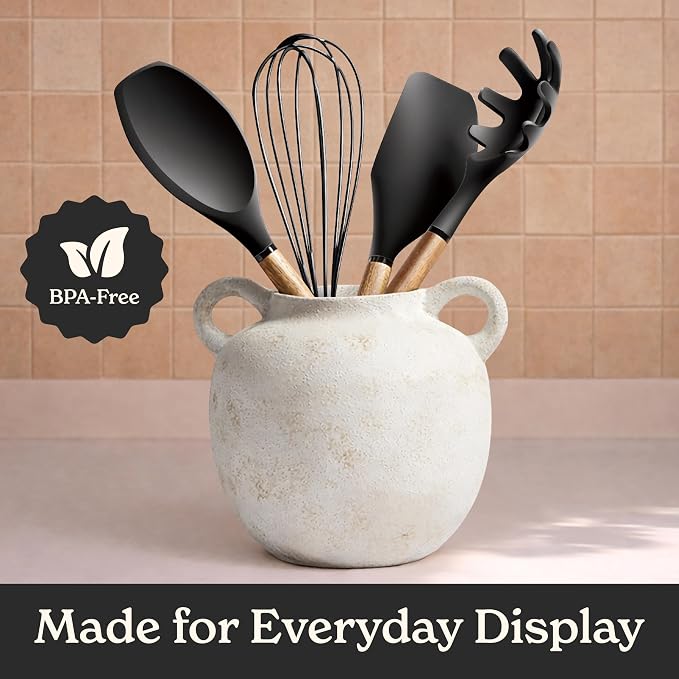 Country Kitchen Non Stick Silicone Utensil Set with Rounded Wood Handles for Cooking and Baking, 8 Piece Set, Black - Image 6