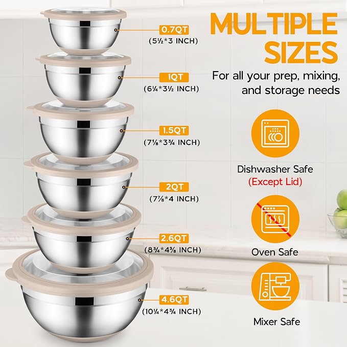 Onader Mixing Bowls with Lids Set of 6, Large Metal Nesting Mixing Bowls, Stainless Steel Non-Slip Salad Bowl Khaki – Size 0.7, 1, 1.5, 2, 2.6, 4.6QT - Image 2