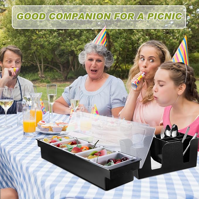 Tessco for you Garnish Tray with Lid Bar Caddy Ice Cooled Condiment Serving Container with Ice Scoop Metal Mini Serving Tongs Fruit Fork Spoons for Food Home Party Kitchen(Plastic,5 Grids) - Image 6