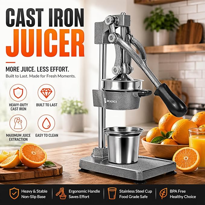 Cast Iron Manual Citrus Juicer Press, Heavy Duty Fruit Squeezer | Long-lever citrus press for oranges, grapefruit, and pomegranates with removable stainless steel parts - Image 2