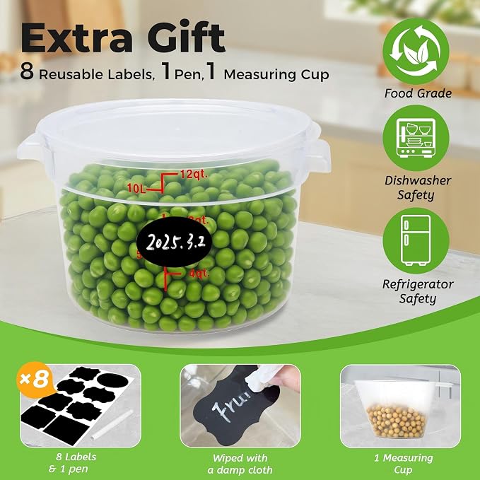 BIEAMA 4 Pack 12 Qt Round Food Storage Containers with Lids, Translucent PP | Include lids, labels, measuring cups and containers with capacity markings for food prep, pantry storage and dough proofing. - Image 4