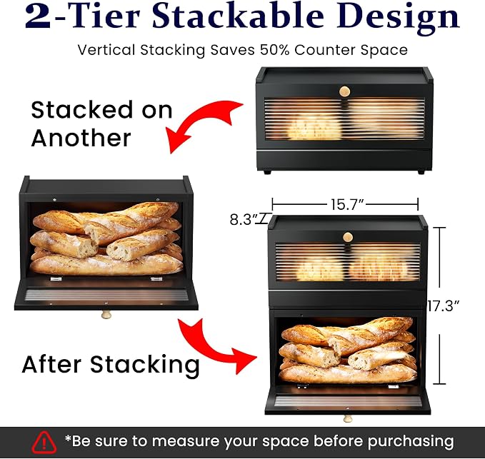 Stackable Bread Box for Kitchen Countertop, 2 Tier Bamboo Bread Storage Container Holder Bin for Baked Goods Snacks Farmhouse Breadbox with Acrylic Window for Pantry Cabinet Cupboard, Black - Image 2