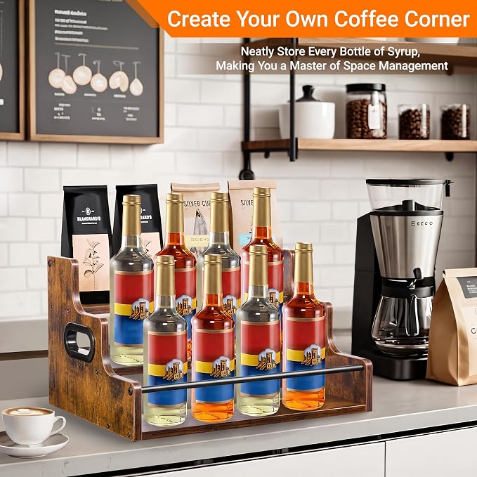YQBRAO 3-Tier Liquor Bottle Display Shelf, 16-Inch, Rustic Brown | Holds up to 12 bottles with a compact footprint and raised rows for coffee syrups, spirits, kitchens, and home bars. - Image 7