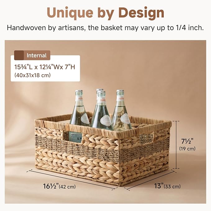 StorageWorks Jumbo Rectangular Wicker Basket, Water Hyacinth and Seagrass Storage Basket with Built-in Handles, 1 Pack | Woven Storage Baskets Water Hyacinth Seagrass, Large Seagrass Basket, Wicker Storage Baskets for Shelves, Woven Baskets - Image 3