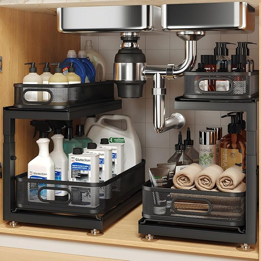 2-Pack Under Sink Storage Organizer with 2-Tier Slide Out Drawer, Sophisticated Mesh Pull Out Shelf for Kitchen & Bathroom, Fits Small Items, Upgraded Arched Track for Smooth Gliding(Patented) by UnderSinkOrganizer