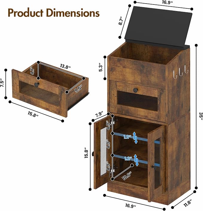 Potato and Onion Storage Bin with Lid, Large Potato Bin with Drawer, Multi-Compartment Wooden Fruit & Vegetable Cabinet with Mesh Doors, Rustic Kitchen Organizer for Pantry (16.9") - Image 2