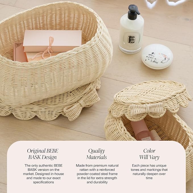 BEBE BASK Original Scalloped Bow Basket with Lid - Set of 2 (15x11x6 In) | Award Winner, Handwoven Rattan, Scalloped Wicker Basket, Woven Baskets for Storage, Nursery Storage, Scallop Basket (Bow) - Image 5