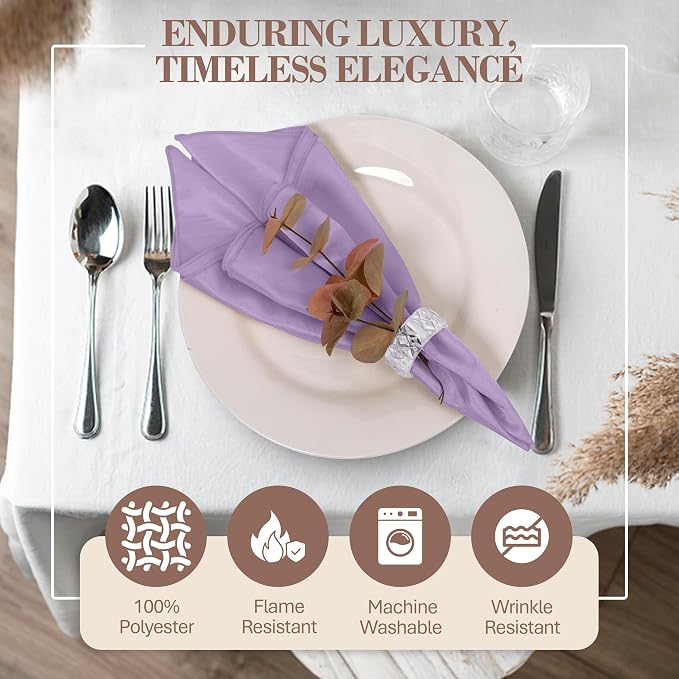 17 x 17-Inch Shantung Satin Cloth Napkins, Lilac Set of 24 | Bulk Case of 2 Dozen, Square, 100% Polyester Fabric, Reversible, Faux Dupioni Silk Reverse Side, Machine Washable, Purple - Image 2