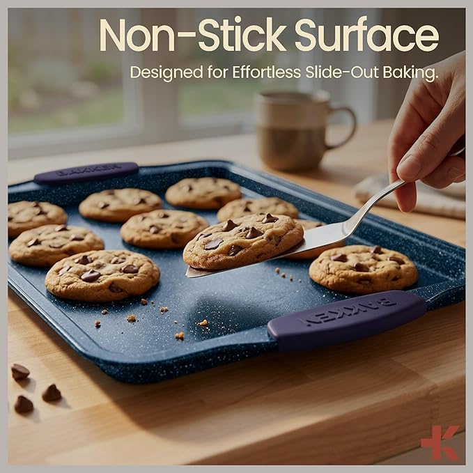 BAKKEN Kitchen Baking Pan Set - Nonstick Coating, Carbon Steel Bakeware Sets with Blue Silicone Handles, Baking Kitchen Essentials, PFOA, PFOS, PTFE Free, Oven Safe Tray (Up To 450° F), Set of 8 - Image 5