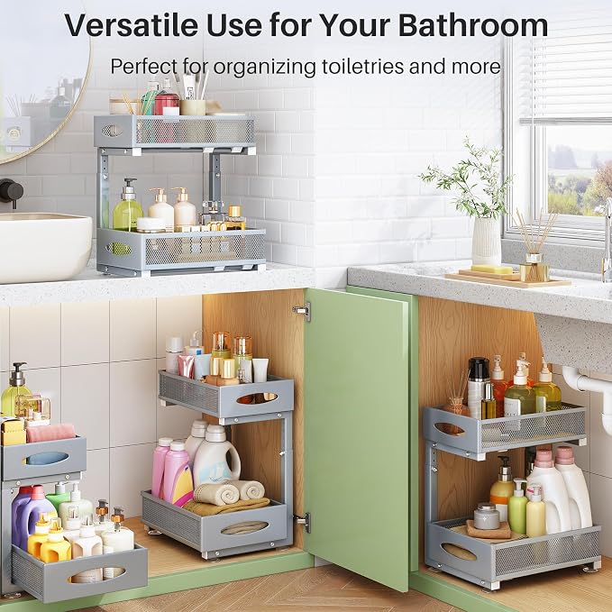 1 Pack Under Sink Organizer, 2 Tier Pull out Cabinet Organizer Mesh Baskets with 5 Adjustable Heights, Sliding Drawers Storage Shelf for Home, Kitchen, Bathroom, Pantry, Office, Countertop ,Grey - Image 9