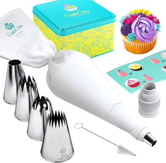 Professional Icing Tips Set (7pcs): Reusable Pastry Bag + 4 Extra Large Piping Tips (849, 869, 829, 808), for Decorating Cupcakes, Cakes & Churros - Piping Nozzles Kit Made in Korea & Japan by CukkiCakes