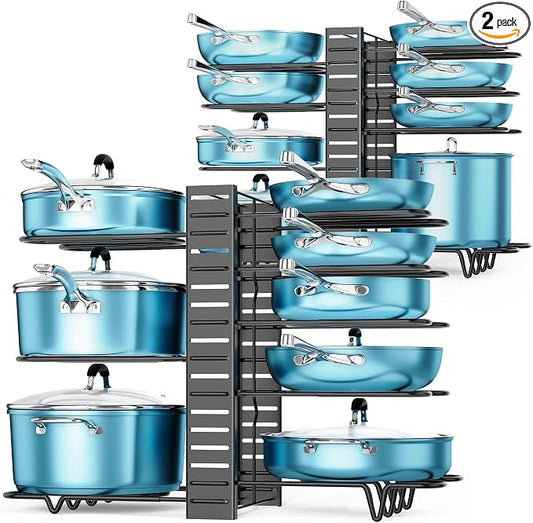 Pots and Pans Organizer Under Cabinet 16.6" 8-Tier Adjustable 2-Pack | 3 DIY Modes, Tool-Free Assembly, Non-Slip, Fits Lightweight Pots Up to 11", For Kitchen Cabinets, Shelves & Countertops by ORDORA