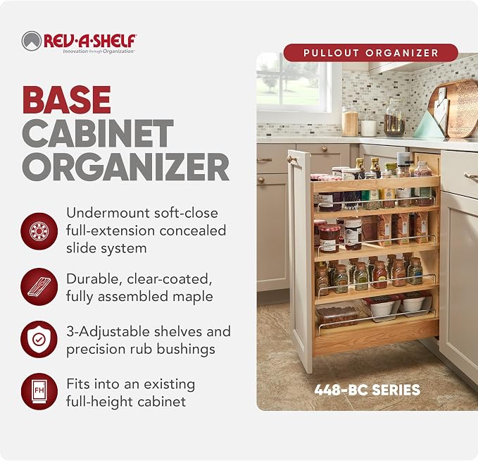Rev-A-Shelf 10.25" Pullout Storage Organizer for Base Kitchen/Bathroom Cabinets w/Soft-Close Full Extension Slides & Adjustable Shelves, 448-BCSC-9C - Image 6