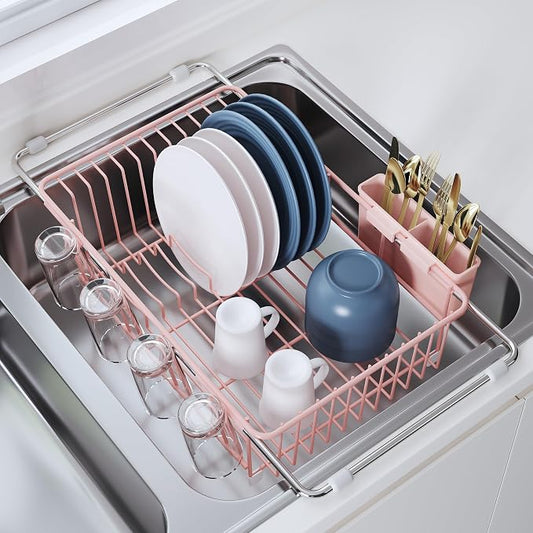 JASIWAY Pink Dish Drying Rack in Sink, Dish Drainer with Utensil Holder | Over The Sink Expandable Stainless Steel Strainer Dryer Rack for Small Kitchen, Counter Space Saving, Fast Drain, Rustproof by JASIWAY