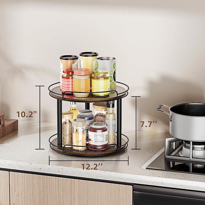LAMU 12'' Wood Lazy Susan Turntable Organizer for Cabinet, 2 Tier Lazy Susan Spice Rack Organizer for Kitchen, Table Top, Countertop, Pantry, Bathroom - Image 6