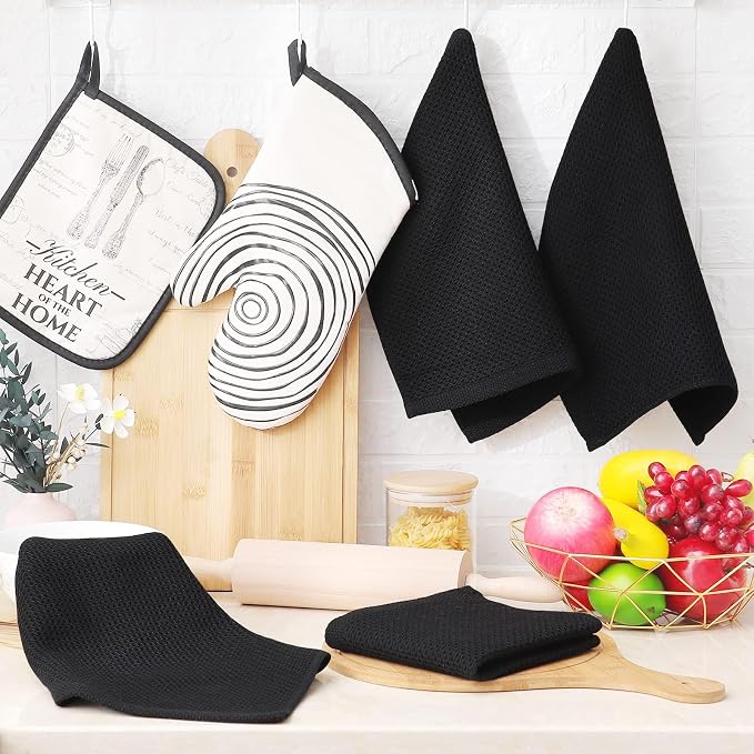 Homaxy 100% Cotton Waffle Weave Kitchen Dish Cloths, 9-Pack, Black | Ultra Soft Absorbent Dish Towels, Quick Drying Dish Rags with Hanging Loop, 12 x 12 Inches - Image 6