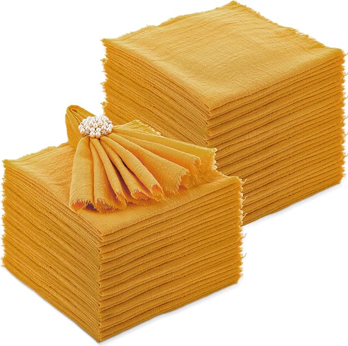 48 Pcs Cotton Linen Cloth Napkins with Fringe 16.5 x 16.5 Inch Square Rustic Dinner Linen Napkins Bulk for Wedding Party Banquet Dinner(Ginger) by Buryeah