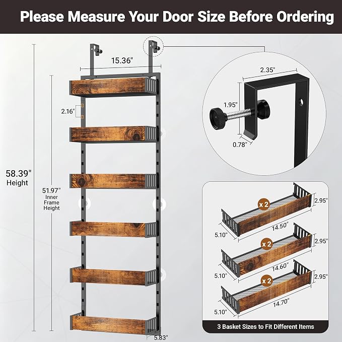6-Tier Over the Door Pantry Organizer, 2-in-1 Door Hanging or Wall Mounted Spice Rack, Space Saving Metal Storage Shelves with Adjustable Baskets for Kitchen, Closet, Bathroom - Image 3