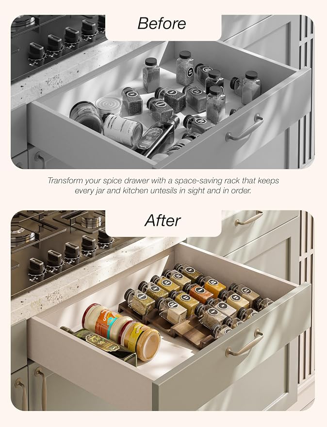 Tinamo Acacia Wooden Spice Rack Organizer for Cabinet - Spice Drawer Insert, Spice Organization for Cabinet, Seasoning Organizer, Spice Holder Pack of 4 (Walnut, Pack 4) | Acacia Wood Construction, No assembly, Stackable 4-tray Design, Spacious for up ... - Image 4
